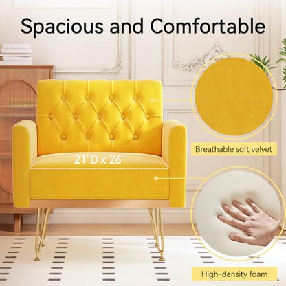 Accent Chair for Living Room, Comfy Oversized Velvet Upholstered Arm Chairs, Mid Century Modern Reading Single Sofa Side Chair with Tufted Back and Gold Legs for Bedroom (1, Mustard)