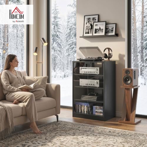 Media Cabinet 4-Tier Stereo Cabinet with Glass Door Black, view 3