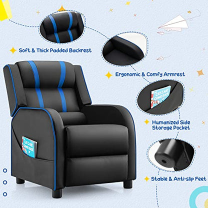 Kids Recliner, Gaming Recliner Chair w/Side Pockets, Footrest, Headrest & Lumbar Support for Kids Room & Play Room, Adjustable Racing Style Leather Sofa for Children Boys Girls (Blue, Black)