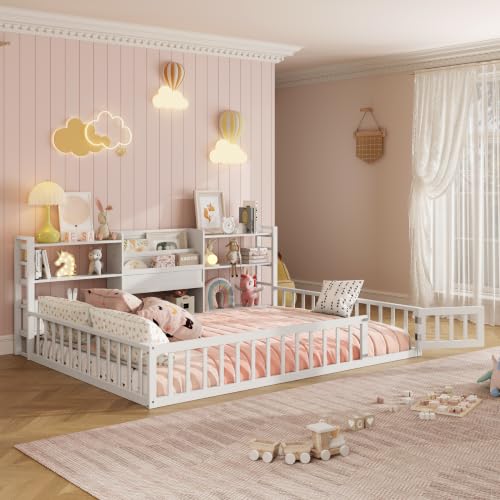 Full Size Floor Bed with Integrated Side Bookcase, 3-Tier Storage Shelves | Wood Floor Fence Bed Frame, Enclosed Fence Design, NO Slat, Open Entrance, Three Sizes & Three Colors Available, Kids Bedroom