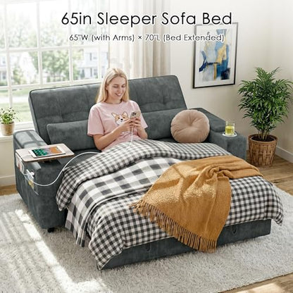 65in Sleeper Sofa Bed, 3 in 1 Pull Out Couch with Chenille Fabric Convertible Loveseat for LivingRoom and Apartment (Darkgrey)