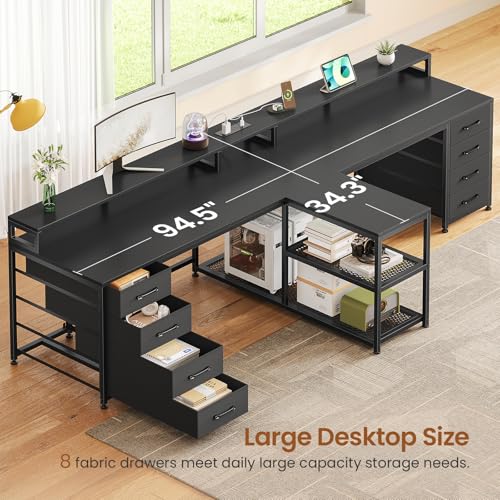 94.5" 2 Person Gaming Desk, Long Office Computer Desk with 8 Drawers & LED Light, Two Person Desk with Storage, Power Strip & Monitor Shelf for Home Office, Black