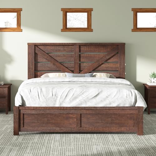 Farmhouse Queen Size Bed Frame with 49" Barn Door Headboard, Brown, view 2