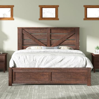 Farmhouse Queen Size Bed Frame with 49" Barn Door Headboard, Brown, view 2
