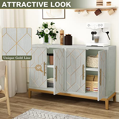 48" Accent Cabinet with 4 Doors and Shelves, Modern Credenza Storage Cabinet with Gold Trim, Green Buffet Cabinet for Living Room, Kitchen, Dining Room, Hallway