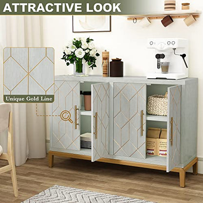 48" Accent Cabinet with 4 Doors and Shelves, Modern Credenza Storage Cabinet with Gold Trim, Green Buffet Cabinet for Living Room, Kitchen, Dining Room, Hallway
