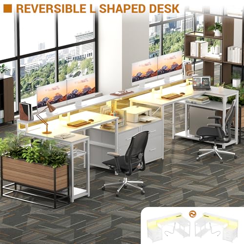 L Shaped Desk with File Drawer, Reversible L Shaped Computer Desk Gaming Desk with Power Outlet & LED Strip, Home Office Desk with Monitor Shelf, Corner Desk with Storage Shelves, White