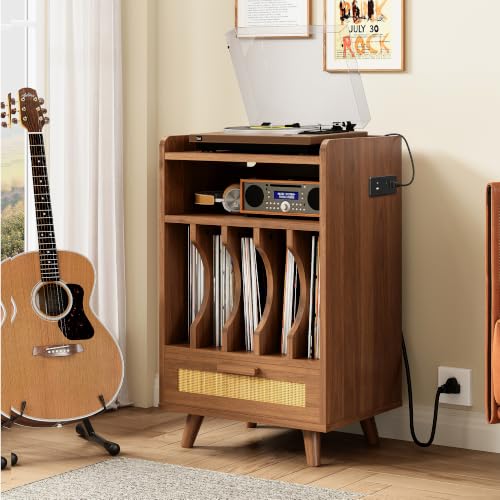 Record Player Stand with Power Outlets, Vinyl Storage Cabinet,Brown, view 8