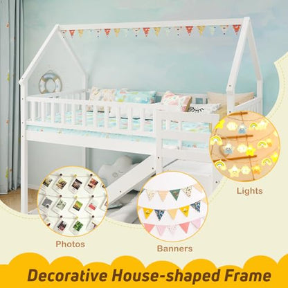 House Bunk Bed Twin Over Twin with Slide & Stairs, Wood Bunk Bed with Storage Shelves, No Box Spring Needed, Twin Floor Bed for Kids Teens Boys Girls (White)