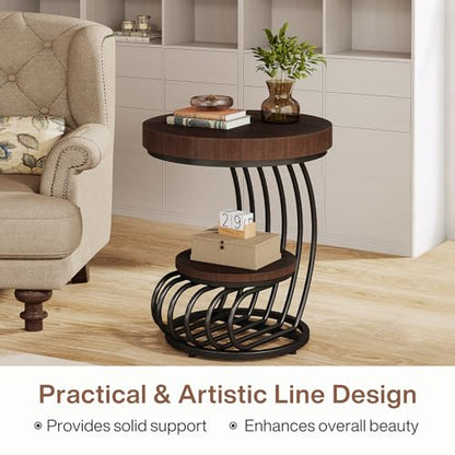 Tribesigns Round End Table, 2-Tier Farmhose Wood Side Table with Shelf Storage, Small Sofa Side Bedside Nightstand, Arc-Shaped Frame Accent Furniture for Living Room, Rustic Brown