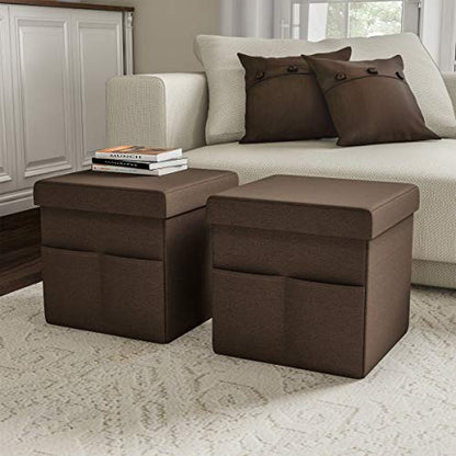 Set of 2 Ottomans with Storage Pockets - 15-Inch Folding Foot Rests or Storage Organizers for Bedroom, Living Room, or Dorm by (Brown)