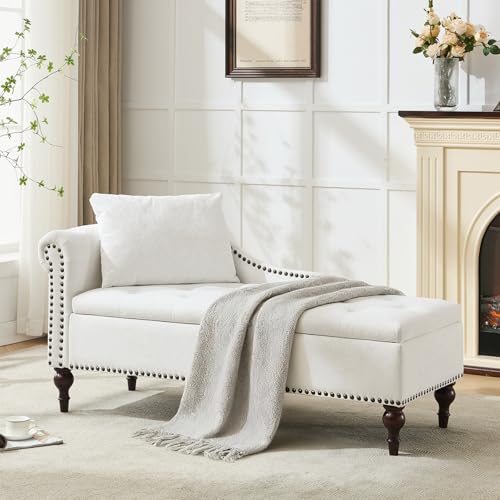 Velvet Chaise Lounge with Storage & Left Armrest, White, view 3