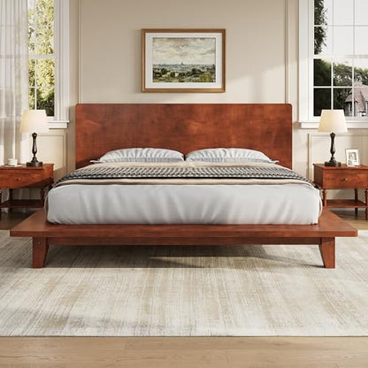 Queen Size Japanese Wooden Bed Frame with Brown Headboard, view 2