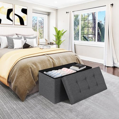 30Inches Storage Ottoman Bench, Folding Footrest Padded Seat, Storage Chest Long Shoes Bench with Divider, Holds up to 660 lbs, for Living Room, Entryway, Bedroom, Dark Gray