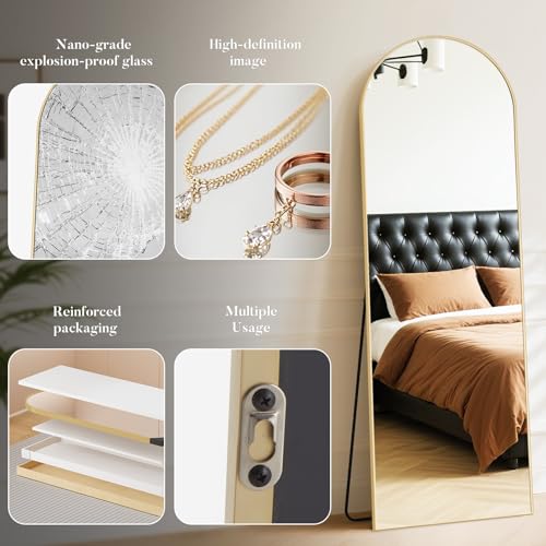 64"x21" Arched Full Length Floor Mirror, Full Body Mirror, Gold, view 7