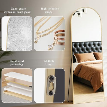 64"x21" Arched Full Length Floor Mirror, Full Body Mirror, Gold, view 7