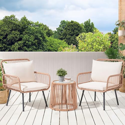 3 Pieces Patio Bistro Sets, Wicker Rattan Furniture Set | Round Glass Table, Outdoor, Balcony, Porch, Lawn, Garden, Backyard