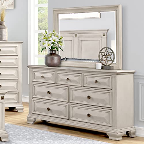 Renova Distressed Parchment Wood Bedroom Set, King Panel Bed, Dresser, Mirror, Nightstand, Chest