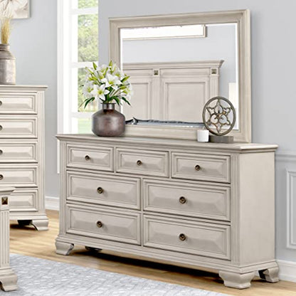 Renova Distressed Parchment Wood Bedroom Set, Panel Bed, Dresser, Mirror, Nightstand, King