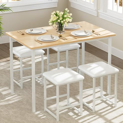 Kitchen Table and Chairs for 4, Dining Room Set with PU Chairs/Stools, Heavy-Duty Metal Frame, Wooden Tabletop, Space-Saving Design for Small Spaces, Easy Assembly, Oak