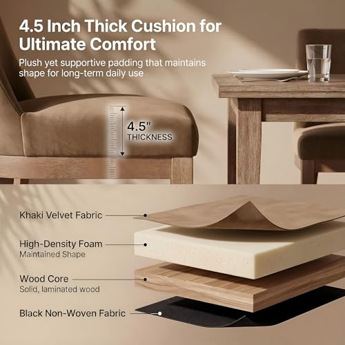 Modern Dining Chairs Set of 2 with Comfortable Back Support, Farmhouse Soft Velvet Upholstered Kitchen Dining Room Chairs with Solid Wood Legs, Armless Accent Side Chairs for Living Room, Khaki