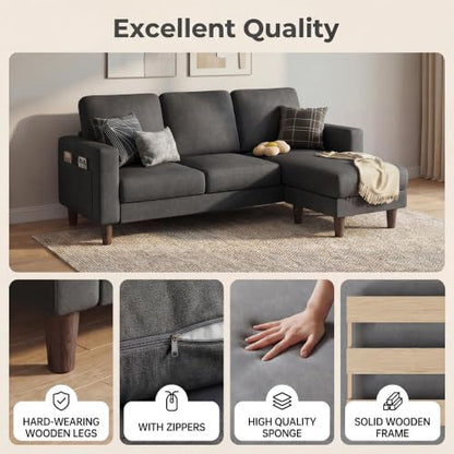 72" L Shaped Sofa Couches for Small Spaces, Apartment Charcoal Gray, view 5
