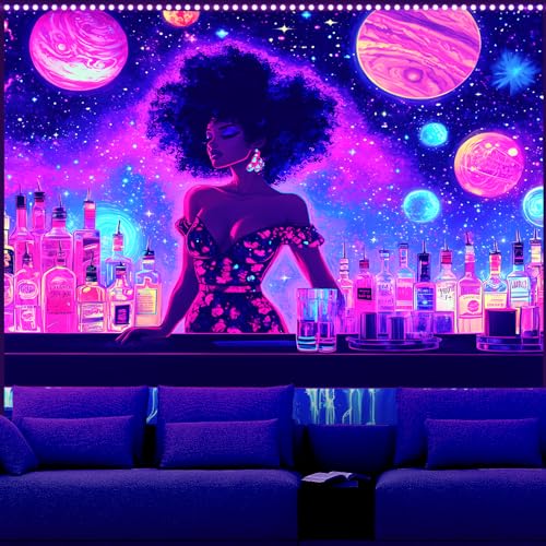 Blacklight Tapestry, Glow In The Dark Tapestries, UV Reactive Cool Girl Wall Art, Mushroom Wonderland Tapestry, Rabbits Wall Hanging for Bedroom, Dorm and Living Room Wall Decoration 79L x 59W