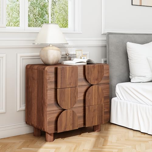 3 Drawer Dresser, Modern Fluted Wood Chest of Drawers, 31.5" Wide Walnut Nightstand with Anti-Tip Device, Curved Storage Cabinet for Bedroom, Living Room, Entryway