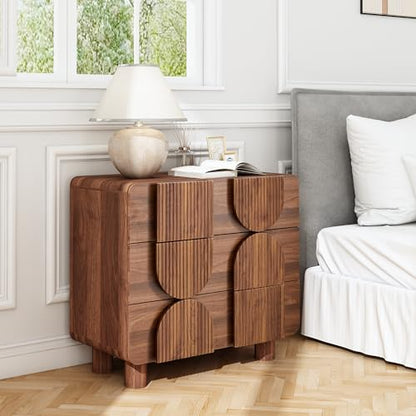 3 Drawer Dresser, Modern Fluted Wood Chest of Drawers, 31.5" Wide Walnut Nightstand with Anti-Tip Device, Curved Storage Cabinet for Bedroom, Living Room, Entryway