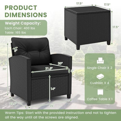3 Pieces Patio Furniture Set, Wicker Conversation Set Outdoor Chairs with Cushions, Glass Coffee Table, Rattan Bistro Set for Front Porch Balcony Garden Deck Poolside (Black)