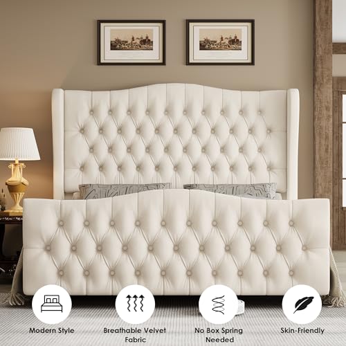 Queen Size 54.3" Tall Bed Frame with Wingback Headboard & Footboard, view 6