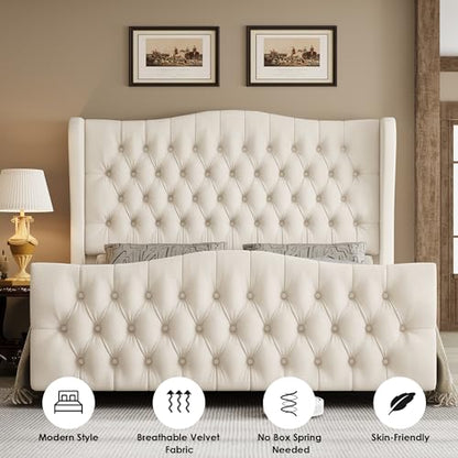 Queen Size 54.3" Tall Bed Frame with Wingback Headboard & Footboard, view 6