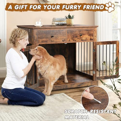 Large Dog Crate Furniture with 2 Drawers, 44 Inch Wooden Dog Kennel Indoor, view 4