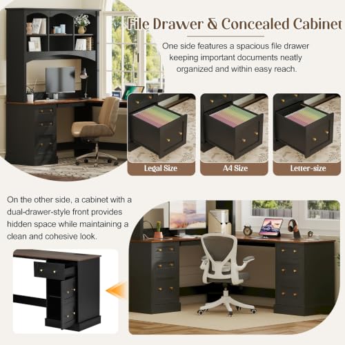 68.9" L Farmhouse L-Shaped Computer Desk Corner Desk with Hutch, view 6