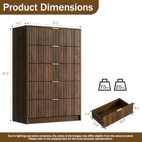 Walnut Dresser for Bedroom, Tall Dresser with 5 Drawers and Smooth Slides, view 3