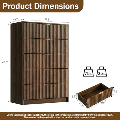 Walnut Dresser for Bedroom, Tall Dresser with 5 Drawers and Smooth Slides, view 3