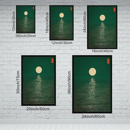 Green Zen Moon Wall Art Emerald Forest Landscape Print Mid Century Modern Minimalist Ripples Poster Oriental Calm Nature Picture for Living Room Bedroom Decor