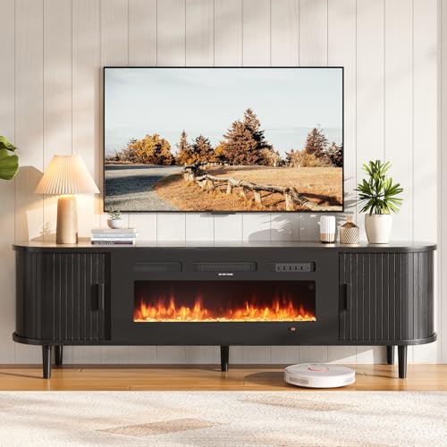 70" Mid Century Modern TV Stand with Fireplace, Fluted Fireplace TV Stand, view 4