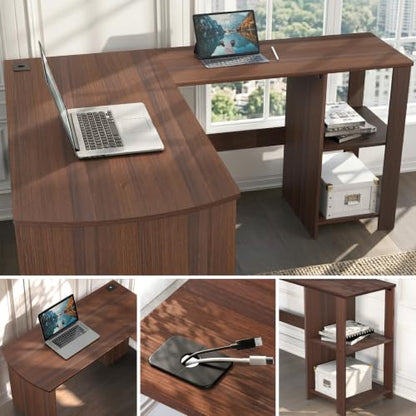 51 x 51 L-Shaped Home Office Wood Corner Desk with Storage, Walnut, view 5