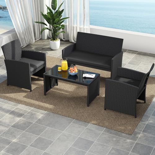 4 Pieces Patio Wicker Furniture Set, Outdoor Heavy Duty Rattan Cushioned Chairs, Loveseat and Tempered Glass Coffee Table, for Backyard, Balcony, Poolside (1, Black)