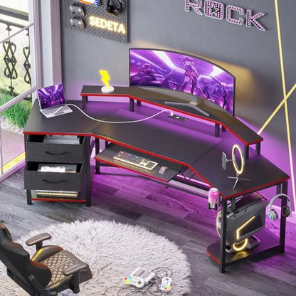 79" Gaming Desk, Computer Desk with 2 Fabric Drawers & LED Light, L Shaped Gaming Desk with Storage Shelf for Home Office, Carbon Fiber Black&Red