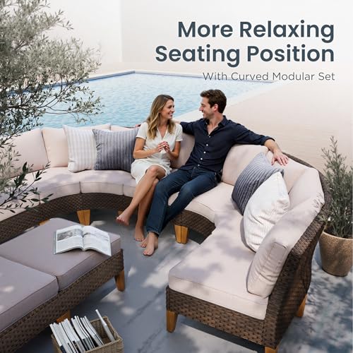 3-Piece Wicker Patio Furniture Set, Outdoor Curved Sectional Sofa Conversation Set with Cushions, Half-Moon Modular Couch for Garden, Deck, Backyard, Beige
