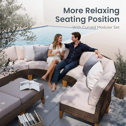 3-Piece Wicker Patio Furniture Set, Outdoor Curved Sectional Sofa Conversation Set with Cushions, Half-Moon Modular Couch for Garden, Deck, Backyard, Beige