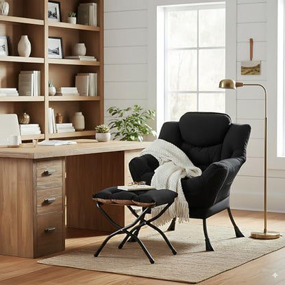 Lazy Chair with Ottoman, Modern Accent Leisure Upholstered Sofa Chair, Contemporary Lounge Reading Chairs with Armrests and a Side Pocket for Living Room, Bedroom & Small Space, Black
