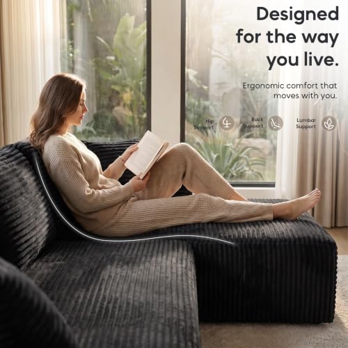 133" Oversized Cloud Boneless Sofa Couch with Chaise, Modern Corduroy U Shaped Modular Sectional Sofa with Deep Seat, Comfy Couch with Cupholders and Storage, No Assembly Required-Black