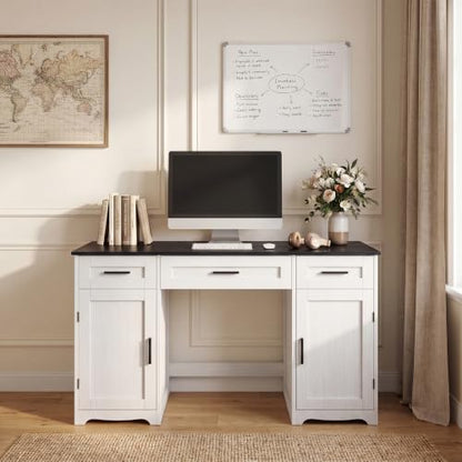Farmhouse Executive Desk with Drawers, Wood Home Office Desk, Black, view 5