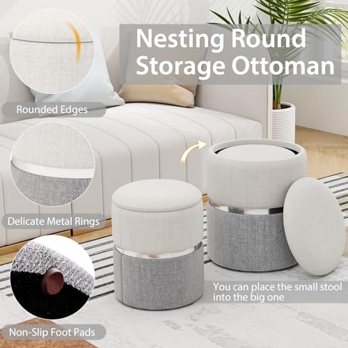 Ottoman with Storage - Set of 2 Storage Ottomans, 1 Large & 1 Small Nesting Ottoman Side Table, Upholstered Linen Round Foot Rest Vanity Stool for Bedroom Living Room (Gray)
