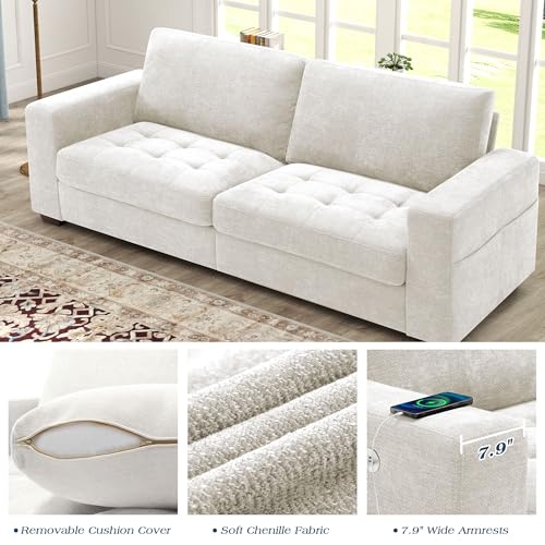 Sofas for Living Room, Chenille Loveseat Couch Set, Small Modern Sofa, USB Charging, Removable Sofa Cover,Solid Wood Frame, Easy to Install(89inch,White)