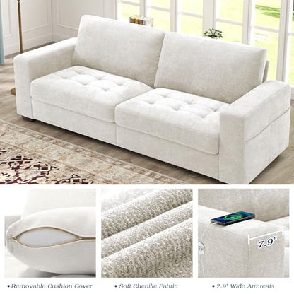 Sofas for Living Room, Chenille Loveseat Couch Set, Small Modern Sofa, USB Charging, Removable Sofa Cover,Solid Wood Frame, Easy to Install(89inch,White)