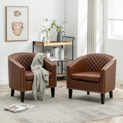 29" W Faux Leather Barrel Chairs Set of 2, Modern PU Upholstered Tufted Club Chairs with Nailhead Trim, Small Armchairs Accent Chairs for Living Room Bedroom Apartment Lounge Nursery, Brown